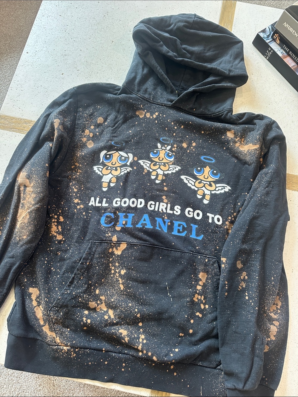 Mega Yacht- Chanel/Gucci Black PowerPuffGirls Hoodie with Bleach Splatter